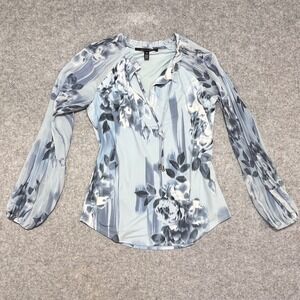 White House Black Market Blue Floral Pleated Sleeve Ruffle Blouse Cottagecore XS